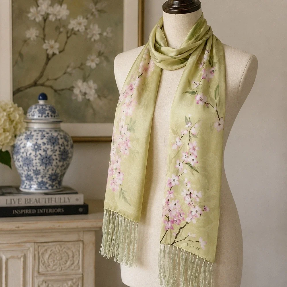 Echo Scarf Women Pastel Green Cherry Blossom Floral Fringed Silky Oblong 6x80